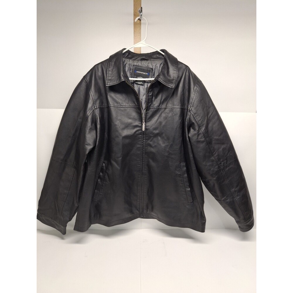 Architect Jacket Black Leather Collared Zip Pockets Quilt Insulated Lined Sz XL